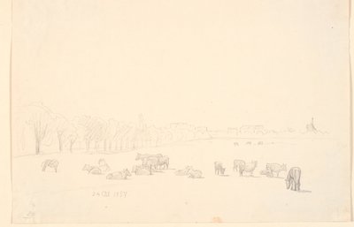 Kyr på allmenningen, i bakgrunnen Tagens Mølle av P.C. Skovgaard