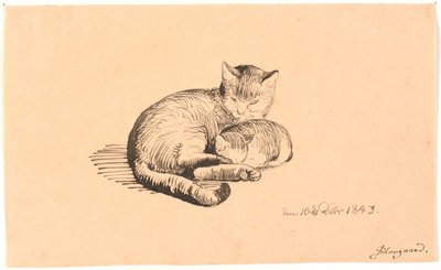 Liggende katt med kattungen sin. av P.C. Skovgaard