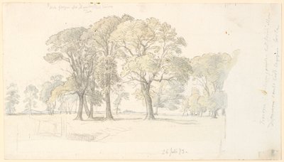 Parti fra Jægersborg Dyrepark med frittstående trær. av P.C. Skovgaard