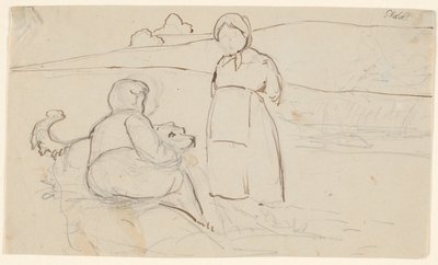Sittende gutt med hund og stående jente i et landskap. av P.C. Skovgaard