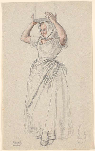 Stående bondepike med melkekanne på hodet. av P.C. Skovgaard