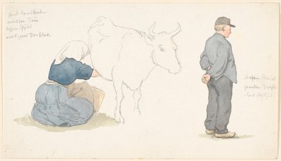 Studieblad med jente som melker en ku, t.h. stående bonde. av P.C. Skovgaard