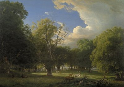 Sommerettermiddag med forbigående dusj. Dyreparken i Jægersborg nord for København av P.C. Skovgaard