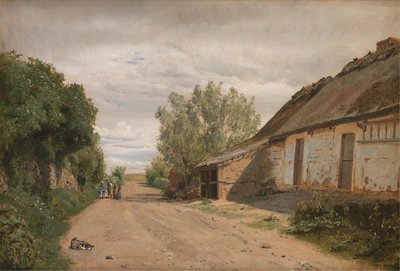 Utkanten av landsbyen Vejby. Ved Veikanten maler J.Th. Lundbye Skisser av P.C. Skovgaard