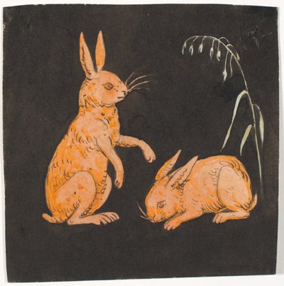 To harer (kaniner?) på svart bakgrunn. Dekorativt utkast. av P.C. Skovgaard