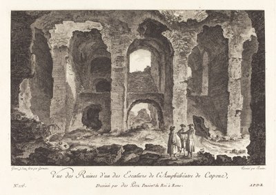 Utsikt over ruinene fra en av trappene til Capua amfiteater av P.F. Germain after Louis Jean Desprez