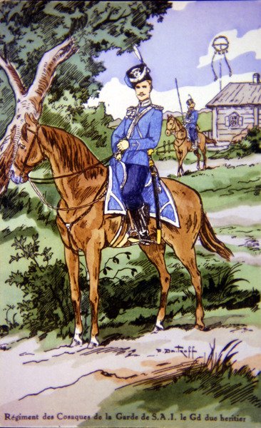 Postkort som viser en rytter fra Regiment des Cossacks de la Garde de S.A.I av P. (after) Dmitroff
