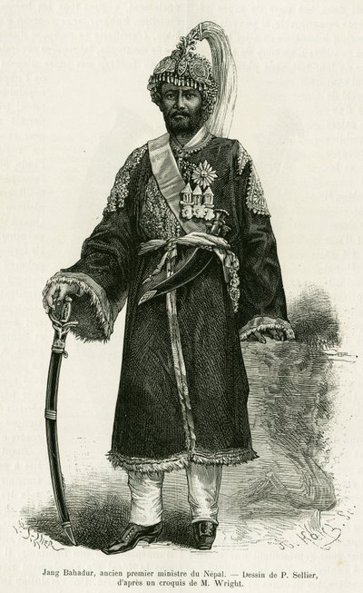 Jang Bahadur (1816-1877), statsminister i Nepal. Gravering av P.Sellier for å illustrere historien Voyage au Nepal, av Dr. Gustave Le Bon (1841-1931), i le tour du monde 1886, regissert av Edouard Charton (1807-1890), Hachette, Paris. av P. (after) Sellier