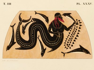 Trykk av dekorasjonen på en gresk amfora, som viser Poseidon akkompagnert av delfiner, ca. 1858 (akvarell og kroppsfarge over litho på vevd papir) av P. Bineteau