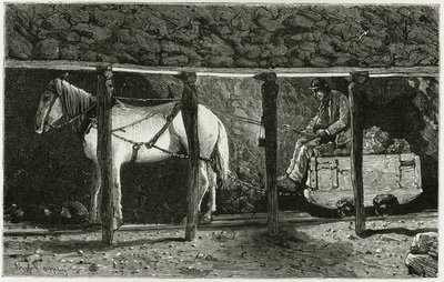 Interiør i et galleri med berlaine. Gravering av Ferat, for å illustrere historien "" Belgia", av Camille Lemonnier (1844-1913) belgisk forfatter. Publisert i Le Tour du monde, nouveau journal des voyages, 2. semester 1884, redigert av Edouard Charton (180 av P. Ferat