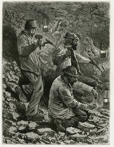 Gruvearbeidere trekker ut kull i blodåren. Gravering av Ferat, for å illustrere historien "" Belgia "", av Camille Lemonnier (1844-1913) belgisk forfatter. Publisert i Le Tour du monde, nouveau journal des voyages, 2. semester 1884, red av P. Ferat