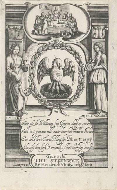 Pelikan mater ungene sine med sitt eget blod Tittelside for: D. van Baardt, Tapytje der Geestelijcke ende wereldtlijcke lordschapje, 1661 av P. Langweer