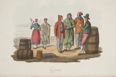 Lazzaroni's fra Italian Scenery, som representerer manerer, skikker og fornøyelser i de forskjellige statene i Italia, pub. 1806 (håndfarget gravering) av P. van (after) Lerberghi
