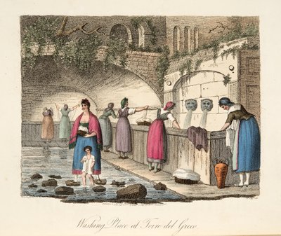 Vaskeplass ved Torre del Greco, fra Italian Scenery, som representerer manerer, skikker og fornøyelser i de forskjellige Italias stater, pub. 1806 (håndfarget gravering) av P. van (after) Lerberghi