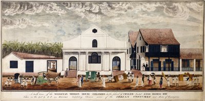 En sørlig utsikt over Wesleyan Mission House, Colombo på øya Ceylon, reist Anno Domini 1816, ca. 1816 (akvarell) av P. van Houten