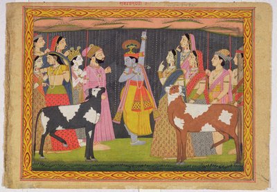 Krishna løfter Govardhana-fjellet, fra Bhagavata purana, Kulu, Himachal Pradesh, 1749 av Pahari School