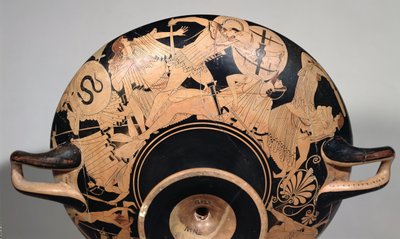Detalj av en kopp med rød figur på loftet som viser scener fra den trojanske krigen, ca. 490 f.Kr. (keramikk) (se 92562 og 211797 for interiør) av Painter Brygos
