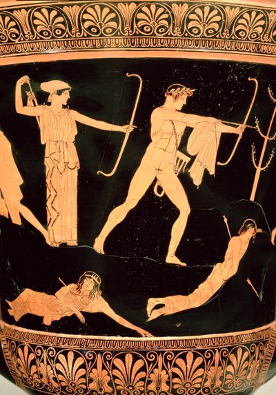 The Death of the Niobids, detalj fra en attisk rød-figur calyx-krater, ca. 450 f.Kr. (keramikk) (detalj fra 19106, se også 92576) av Painter Niobid