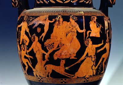 Loftsvoluttkrater med rød figur, detalj av scenen til skuespillere og musikere som forbereder seg til en forestilling, gresk, fra Ruvo, 500-tallet f.Kr. (keramikk) (se 119445-7) av Painter Pronomos