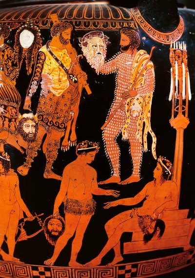 Voluttkrater med rød figur med en skuespiller som holder masken sin, fra Ruvo, ca. 410 f.Kr. (keramikk) av Painter Pronomos