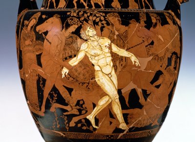 Loftsvoluttkrater med rød figur som viser døden til bronsegiganten Talos (keramikk) (detalj av 85070) av Painter Talos
