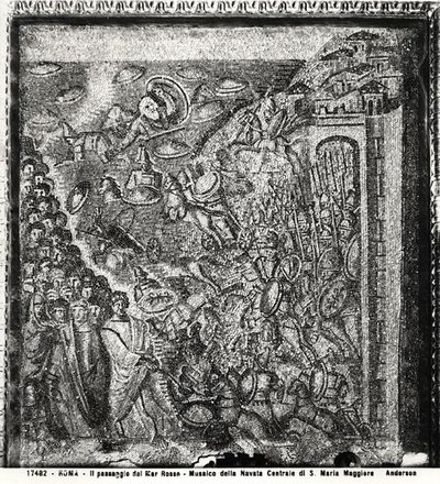 Krysset av Rødehavet, fra midtskipet (mosaikk) (s/hvitt-bilde) av Paleo Christian