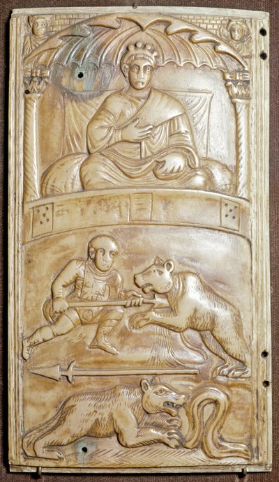 Leker på sirkuset med en bjørn (Ivory relief dyptich, ca 400) av Paleo Christian