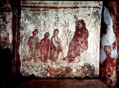 Paleokretisk kunst (perioden i det gamle Roma): Moses redder fra Nilens vann av Faraos datter. Freske av katakomben på Via Latina i Roma. 4. århundre. - Tidlig kristen kunst. Moses reddet opp fra vannet. Fresco, 4. århundre e.Kr. Catacom av Paleo Christian