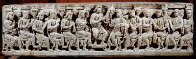 Paleokristen kunst: utskåret sarkofag som viser Kristus som underviser med skuespillerinnen. fra Ain. Slutten av det 4. århundre etter JC. Søn 0,6x2,2 m Paris, musee du Louvre av Paleo Christian