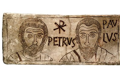 Sarkofag som skildrer apostlene Peter og Paulus, tidlig kristen sivilisasjon av Paleo-Christian Paleo-Christian