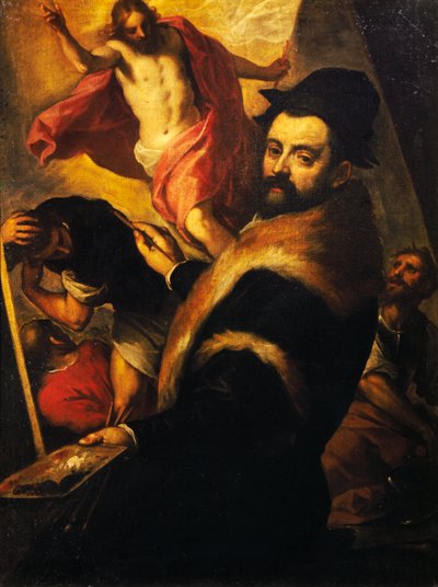 Selvportrett mens du maler Resurrection av Palma Il Giovane
