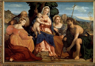 Jomfru med barn med St. Katarina og St. Celestine (til venstre) og døperen Johannes og Barbara (til høyre) (maleri av Palma Il Giovane