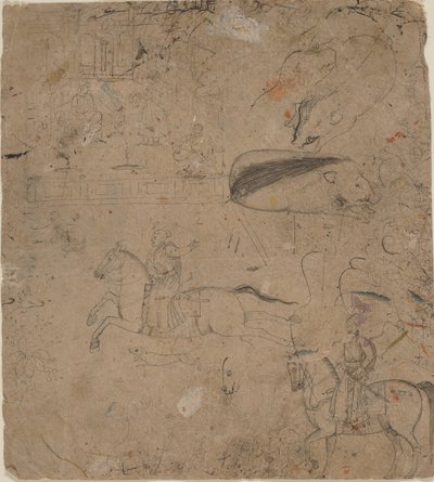 Side fra en skissebok som viser linjaler på hesteryggen, villsvin og en palassscene, sent på 1700-tallet av Pandit Seu