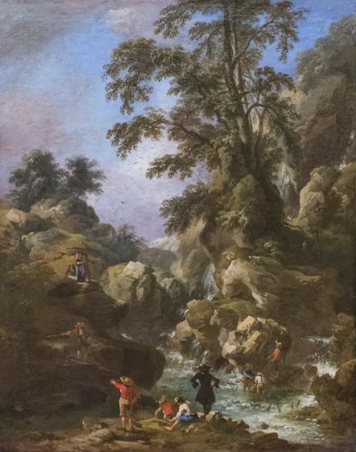 Landskap med foss og figurer av Pandolfo Reschi