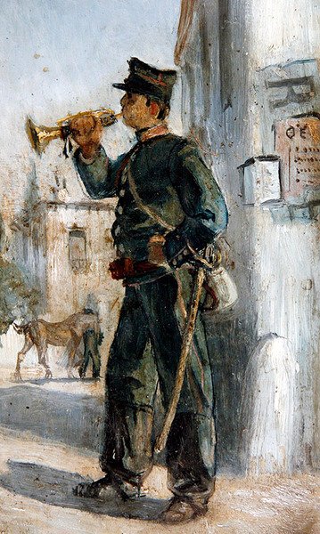 Militære uniformer, samling av 5 (olje om bord) (se også 349159-60 og 349162-63) av Panos Aravantinos