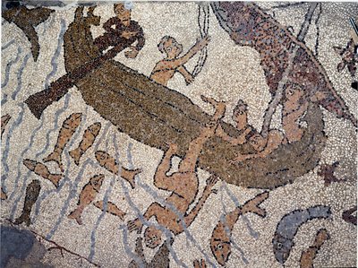 Profeten Jonas er en jet to the sea Detail. Mosaikk av Pantaleone, prest og mosaikk. 1163-1166. Det sentrale skipet til katedralen i Otranto (Otranto), Italia av Pantaleon Pantaleon