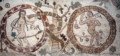 The Temptation of Adam and Eva Mosaic av Pantaleone, prest og mosaist. 1163-1166. Det sentrale skipet til katedralen i Otranto (Otranto), Italia av Pantaleon Pantaleon