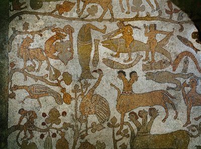 Indias dyr over bildet av Indias erobrer Alexander den store, fra mosaikkgulvet i katedralen i Otranto (mosaikk) av Pantaleone Pantaleone