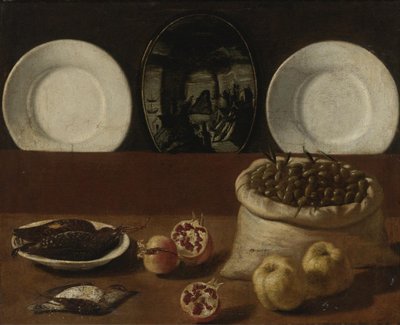 Stilleben med tallerkener, en sekk fylt med oliven, vilt, granatepler og kvede av Paolo Antonio Barbieri