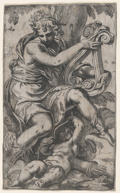 Amor og Apollo med en lyre, ca. 1568., ca. 1568. av Paolo Farinati