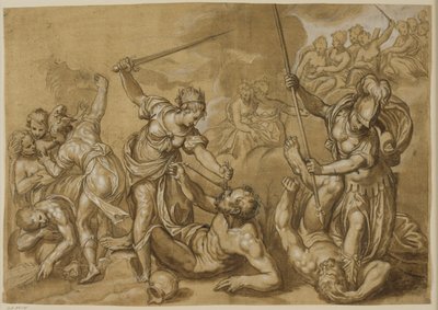 Justice, Mercury og Minerva beseirer lastene mens en gruppe gudinner ser på fra skyene av Paolo Farinati