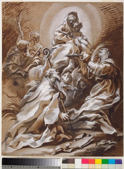 Jomfruen og barnet i herlighet med de hellige Fortunato, Nicholas, James og Christopher av Paolo Gerolamo Piola