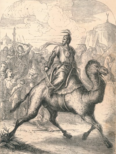 Saladin rømmer på en rask dromedar, 1869 av Paolo Priolo