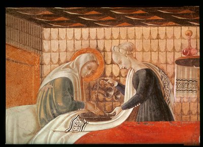 Jomfruens fødsel, detalj om St. Anne og en ledsager, freskomaleri fra 1440, se også 85549 av Paolo Uccello