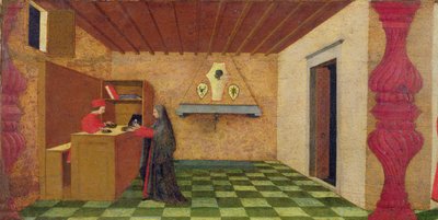 Predella av vertens vanhelligelse: Den kristne kvinne tvunget til å innløse sin kappe til prisen for den innviede vert av en jødisk pantelåner, ca. 1467-69 (tempera på panel) (detalj) av Paolo Uccello