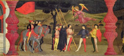 Predella av vertens vanhelligelse: Den angrende kristne kvinnen blir hengt for å pantsette den innviede vert, ca. 1468 (tempera på panel) (detalj) av Paolo Uccello