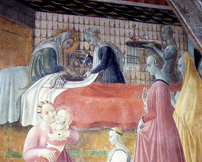 Jomfruens fødsel, detalj fra syklusen The Lives of The Virgin and St. Stephen, fra Cappella dell"Assunta av Paolo Uccello