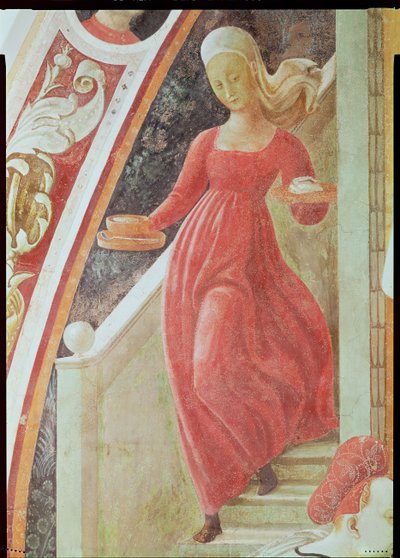 The Birth of the Virgin, detalj av en tjenestepike som går ned en trapp, fra freskosyklusen til The Lives of the Virgin og St. Stephen, fra Cappella dell