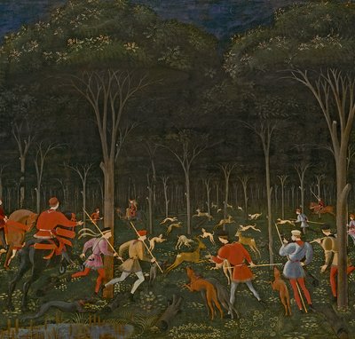 The Hunt in the Forest, ca. 1465-70 olje på paneldetalj av 100861 av Paolo Uccello