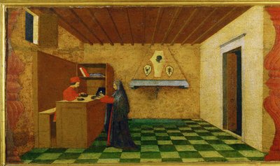 Vanhelligelsen av Hostien: Hostien selges til en kjøpmann (treverk) av Paolo Uccello